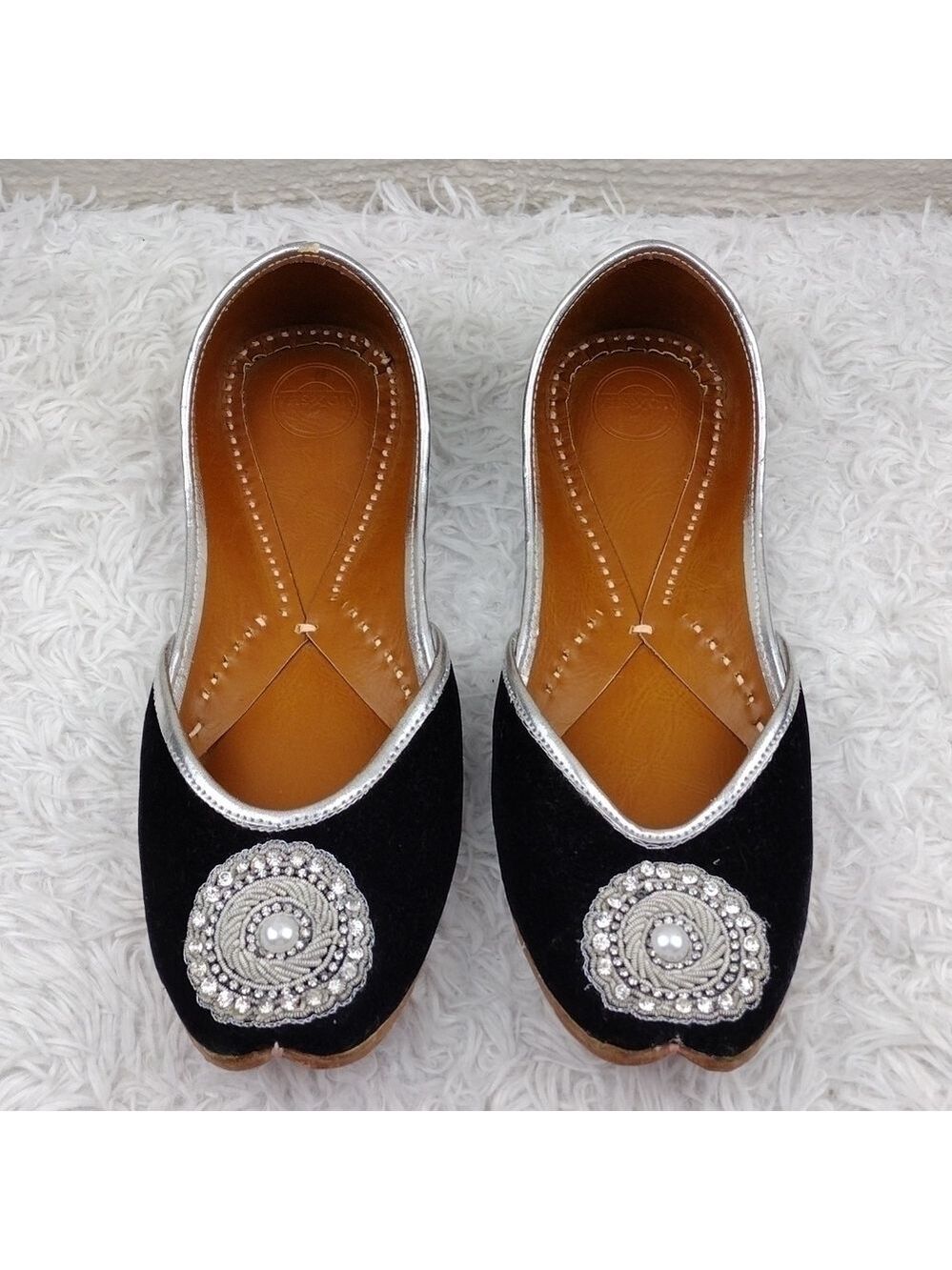 BELOVED MoXsha Black Suede Embellished Upper Square Toe  Slip On Jutti Flat Shoe